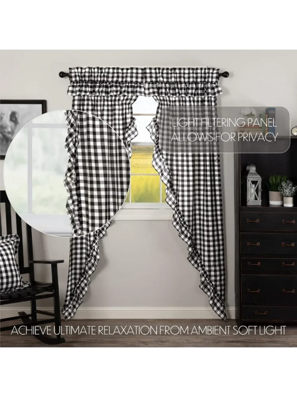 Buffalo Check Cotton Farmhouse Curtains with Rod Pocket & Drawstring Ties
